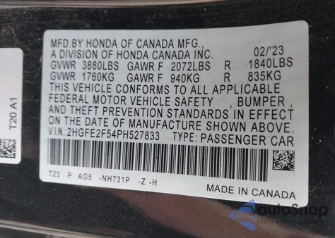 2023 Honda Civic Sport from USA, damaged, VIN 2HGFE2F54PH527833